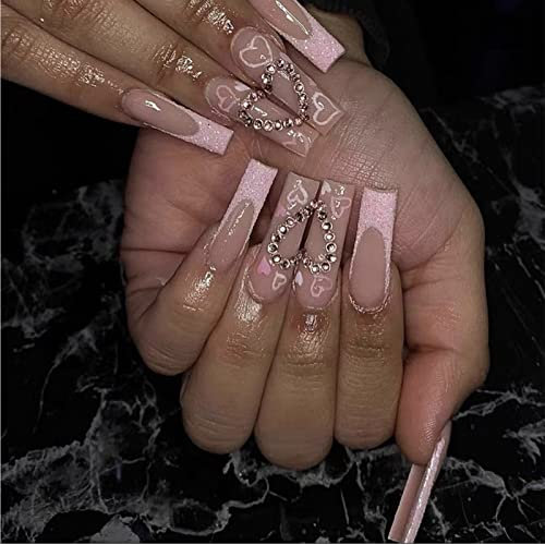 IOSPKKIO® 24 Stück Maniküreblatt, Nagelspitzen in Ballerina-Form, Vollständige Abdeckung, Langlebig und Umweltfreundlich, Langer French Glitter Herz-Diamant tragbares Maniküreblatt