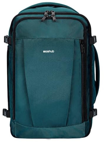 ECOHUB Rucksack 40x20x25 Ryanair Handgepäck 13 Taschen Reiserucksack Flugzeug Carry-ons Wasserdichter Rucksack Damen Klein PET-Recycelte Umweltfreundliche 20L,Patentiert(Blau Grün)