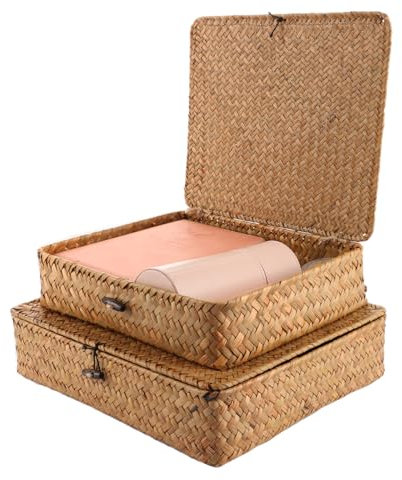 WOPPLXY 2 Stück Rattan Korb mit Deckel, 32 x 28 x 7cm und 28 x 24x x 6,5cm Natürlich Seegras Korb mit Deckel, Aufbewahrung Seegras mit Deckelen für Wohnzimmer, Badezimmer, Küche