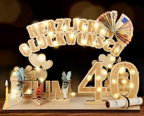 Giftota Original 40. Geburtstag Geldgeschenke Holz mit LED Lichterkette, Geschenke zum 40 Geburtstag Mann Frau, 40. Geburtstagsgeschenk Dekoration