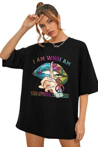 T-Shirts for Women Short Sleeve Round Neck Oversized Slogan Printed Tshirt Long Casual Summer Baggy Fashion Ladies Tees Plus Size Tshirts Tops Whisper Words-Black-XL