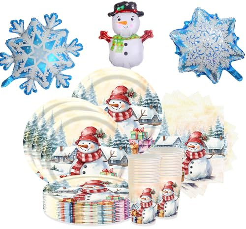 63 Pezzi Set di stoviglie per compleanno Frozen, festa sul ghiaccio, include tazze, tovaglioli, piatti, palloncini a forma di pupazzo di neve e fiocco di neve, perfetti per feste di compleanno, Natale