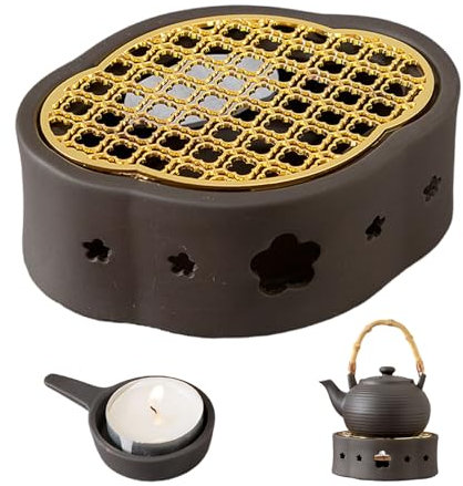 HJYDGJ Calientaplatos de cerámica Tetera Calentador adecuado para calentar té y café, soporte para velas retro tallado, adecuado para tetera, calentador de cerámica con bandeja y soporte para velas -