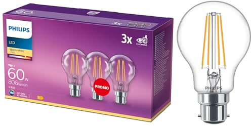 Philips GLS klar filament LED LED-ljuskällor, B22, 7W, 806 Lumens, 60W motsvarar, varmvit 2700K – 3 pack