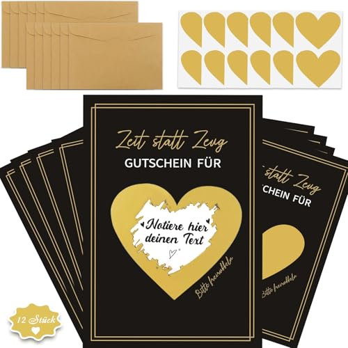 Hierein Zeit statt Zeug Gutschein, 12 Stück Zeit Rubbelkarten zum Selber Beschriften mit Umschlägen, Schwarz DIY Gutschein zum Selber Ausfüllen für Frau Freundin, Kinogutschein, Reisegutschein