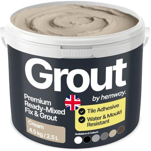 Hemway Cream Ready Mixed Grout & Fix, Wall & Tile Adhesive 4.5kg | Water-Resistant, Anti-Mould, Easy to Use & Fast-Drying, Suitable as Kitchen & Bathroom Tile Grout, Cream Grout 4.5kg / 2.5L