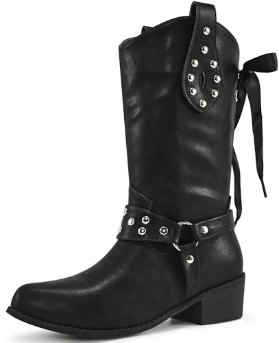 Aomigoct Western Cowboy Boots for Women: Black 9 Leather Mid Calf Fashion Chunky Cowgirl Boot Pointed Toe