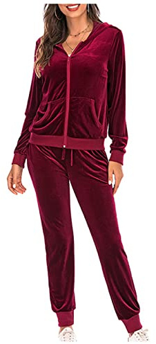 Tracksuit Womens Full Set Velvet Casual Zipper Hoodies Long Sleeve Jackets and Jogging Pants 2 Piece Sportswear Autumn Winter Thermal Loungewear with Pockets Velour Lounge Set