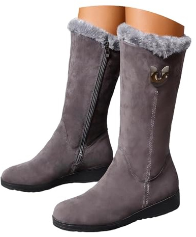 Generisch Botas de invierno hasta la pantorrilla, tacón de plataforma, forro polar térmico, cremallera lateral, botas cálidas para clima frío, gris, 37 EU