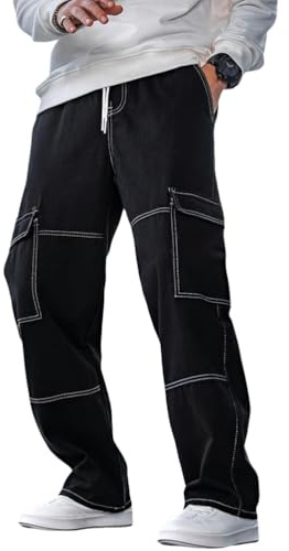 Oanviso Jeans de Ajuste Relajado de Hombre Cargo Pantalones Vaqueros Holgados Denim Jean Y2K Hip Hop Pantalone con Bolsillos Elasticos Pantalón B Negro XL