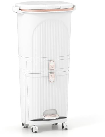 GIANTEX Pattumiera da Cucina 42 L, Pattumiera Verticale per il Riciclo con Ruote, 3 Contenitori Rimovibili, 1 Cassetto e Ganci, Contenitore in PP con Coperchi e Pedale, per Ufficio, Bagno (Bianco)