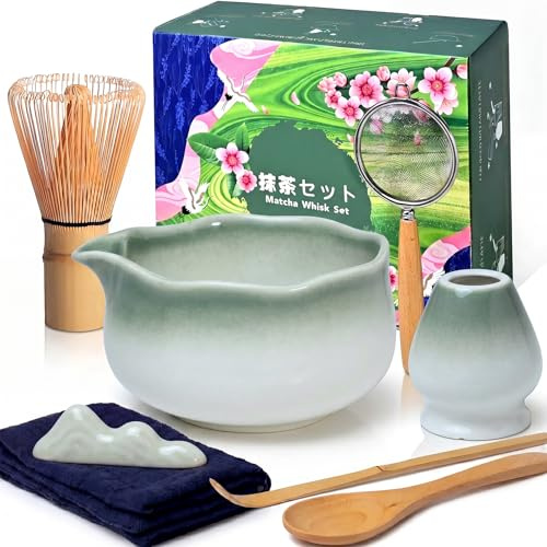 Dazhtu Matcha Kit 8 piezas- Kit Té Matcha, Cuenco Matcha, Batidor Matcha, Cuchara, Tamiz, Soporte para Batidor, Paño, Kit Matcha Completo Regalo para Amantes el Matcha(Gradiente Verde)