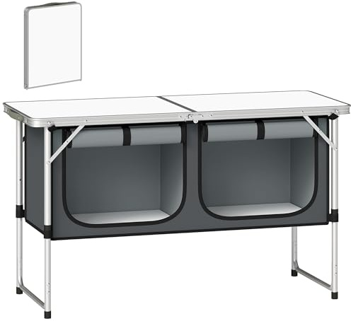 Outsunny Mesa de Cocina de Camping Plegable, Mueble de Cocina de Camping Portátil con Armario de Tela Oxford, Marco de Aluminio, para Picnic, BBQ y Actividades al Aire Libre, 120x47x70 cm, Plateado