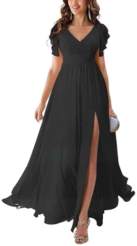 Genérico Vestidos de Fiesta Mujer Elegantes - Vestido Invitada Boda Largo, Dama de Honor, Escote V Abertura Lateral Efecto Gasa Manga Corta, Vestidos de Graduación, Vestido Coctel Mujer