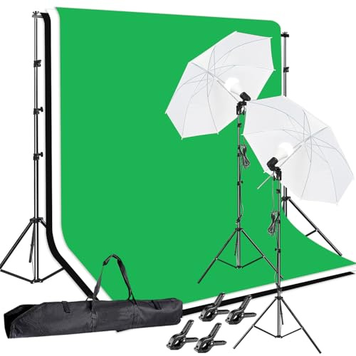 Photo Video Studio 10 x 8.5ft Stand with Muslin Backdrop (Green /White /Black) & 85W 5500K Led Bulb & Umbrella Lighting Kit Photography Background Support System Kit,Clamp, Carry Bag