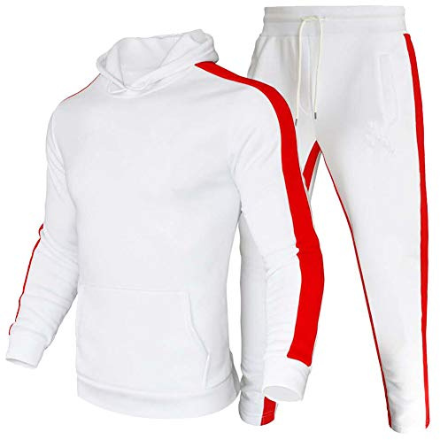 amropi Tute da Ginnastica Uomo Sportiva Set Pullover Felpa con Cappuccio e Jogging Pantaloni 2 Pezzi Tute Bianco,M