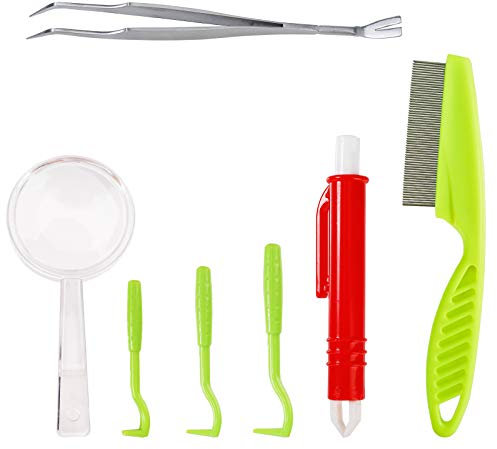 MengH-SHOP Pinza per Zecche Pettine Pidocchi Plastica Lente d'Ingrandimento Pinzetta Gancio per Rimozione Zecche in Acciaio Inox Set di Attrezzi Rimozione Zecche per Animali Cani Gatti 7 Pezzi