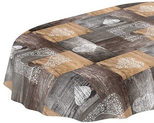 ANRO Tischdecke Wachstuch abwaschbar Wachstuchtischdecke Wachstischdecke Holz Liebe Braun Grau Oval 220x140cm