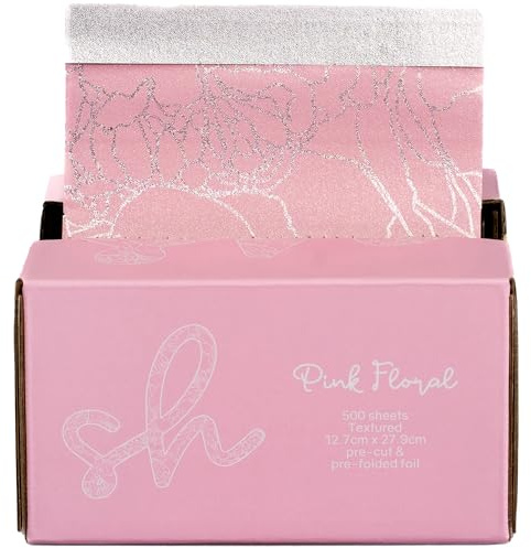 Simply Hair Pop-Up Hair Foil - 500 Pre-Cut & Folded Sheets for Hair Dye, Highlights & Balayage - Embossed, No-Slip Grip - Pop-Up Dispenser - 12.7x27.9cm - Pink Floral