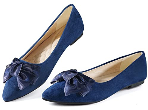 MACHSWON Women’s Classic Ballet Flats Comfortable Suede Pointed Toe Slip On Casual Ballet Flats Comfortable Ballerina Dress Walking Shoes Navy Flats(Navy, Size7)