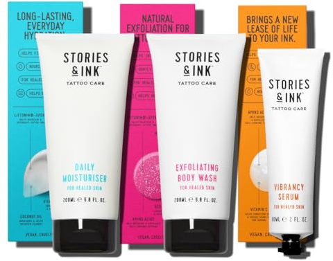 Stories & Ink Tattoo Revival Pack (3-Piece) Exfoliating Body Wash, Daily Moisturiser and Vibrancy Serum, Anti-Fade Tattoo Care Routine That Cleanses, Hydrates and Restores Ink Vibrancy