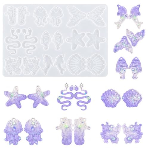 Nifocc Stampo per gioielli in resina epossidica 9 paia ciondolo collana orecchini stampi in silicone oceano stella marina coda pesce serpente gioielli in resina colata stampi cristallo per fai da te