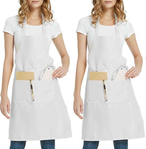 4sold - Delantales unisex ajustables con 2 bolsillos gruesos para cocina, restaurante, café, blanco, Talla única