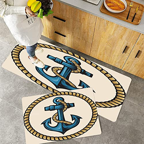 Küchenteppich Teppich Läufer Küchenläufer 2 Stück rutschfest,Anker, Sailor Design mit Rundseil und Anker Antik Maritime Nautisch Dekorativ, Hell Kaffee, Waschbar für Flur Küche 40 x 100 cm+40 x 60 cm