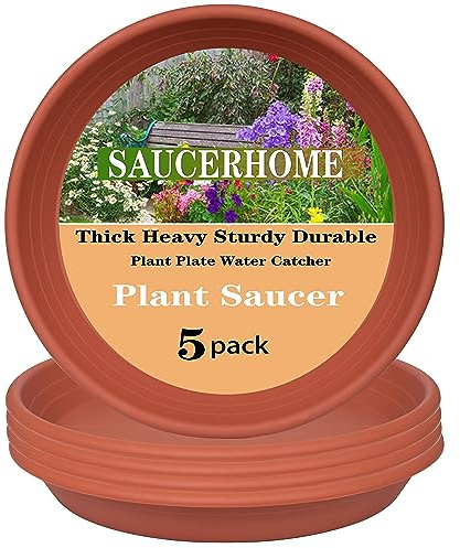 SAUCERHOME - Plato de plástico para maceta, varios tamaños, bandeja de drenaje pesada para interiores y exteriores, sin agujeros, retiene el agua, duradero, paquete de 5 unidades, terracota, 15 cm