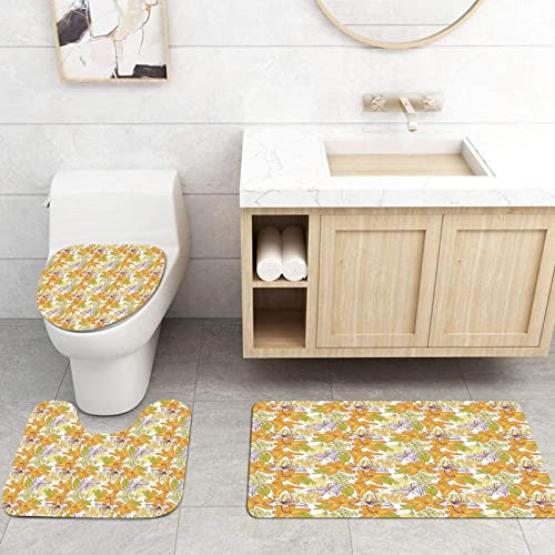 IUBBKI 3 Pieces Bath Mat Non Slip Bathroom Rug Sets,Floral,Giant Lily Flowering Petals Exotic Blooms Hawaiian Bouquet Beauty,Violet Marigold Green,Microfiber Bath Mat Sets Non