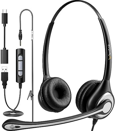 Wantek Auriculares estéreo, con cable, USB-A, micrófono con cancelación de ruido, comodidad durante todo el día, USB-A: PC/Mac o teléfono móvil mediante equipos de conexión de 3,5 mm, zoom y más