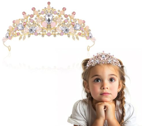 Mädchen Kristall Tiara Krone Diadem Rosa Frauen Prinzessin Stirnband Süß Hochzeit Braut Haarband Festzug Haarschmuck für Kostüm Abschlussball Geburtstag Halloween Karneval Weihnachten