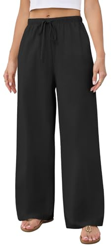 Getervb Pantalones de Lino Mujer Cintura Alta - Elegantes Palazzo Anchos y Rectos Verano Casuales Sueltos Cómodos de Playa con Bolsillos