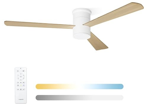 Noaton Ventilateur de plafond avec lumière et télécommande, Zoya, bois naturel, 3 pales, silencieux, Ø132 cm, mode hiver-été, moteur DC 34 W, 6 vitesses, minuterie, LED dimmable 22,9 W