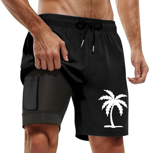 Slip de bain pour homme uni, été, décontracté, grande taille, sport, imprimé arbre à noix de coco, double short de plage, slip de bain pour homme court, rétro, Noir , 5XL