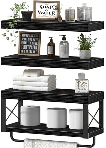 QEEIG Bathroom Shelves Over Toilet - Floating Shelf for Wall Toilet Paper Storage Farmhouse 16 inch Set of 3, Black (029-40B3)