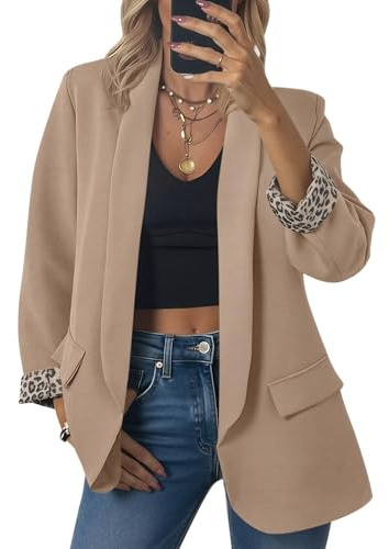 Cicy Bell Womens Business Casual Blazer Shawl Collar Work Long Sleeve Leopard Open Front Oversized Suit Jacket