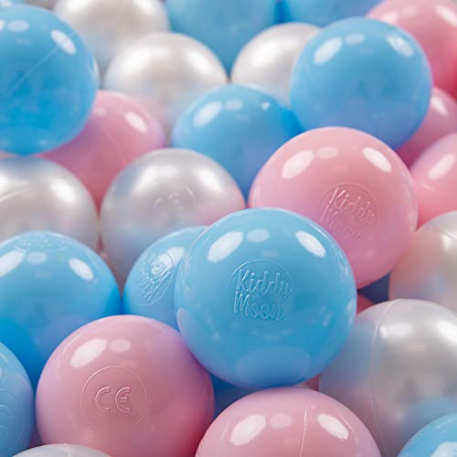 KiddyMoon 100 Ø 7 cm barnbollar lekbollar för bollbad baby plastbollar tillverkade i EU, baby blå/puderrosa/pärla