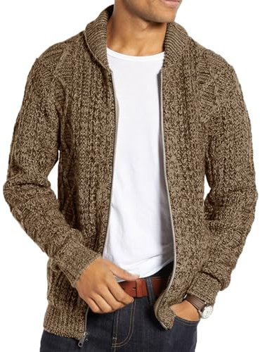 Ryannology Mens Shawl Neck Cardigan Sweater Cable Knit Zip Up Winter Casual Sweaters with Pockets Brown