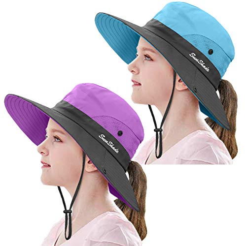 2 Pieces 5-14Y Kids Summer Sun Hat Wide Brim UV Protection for Girls Ponytail Beach Bucket Cap (Purple＆Sky Blue)