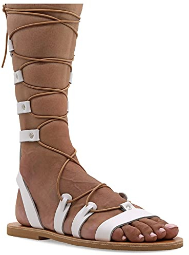 36 blanc Emmanuela Sandales en cuir dans un style grec ancien, des sandales de gladiateur plat à la main avec des orteils ouverts, des chaussures d'été pour femmes