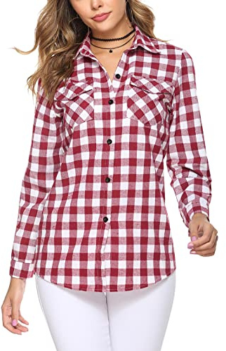 Irevial Damen Karierte Bluse Karo Flanell Hemden Classic Button-down Blusenshirt Langarm Plaid Shirt Oberteile für Frühling und Herbst Rot M