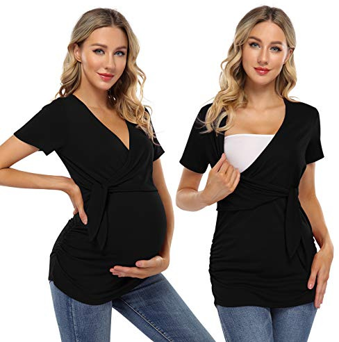 KOJOOIN T-shirt d'allaitement à manches courtes et col en V pour allaitement, plis sur le devant, tunique de grossesse, Noir-01., XL