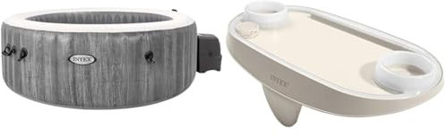 Intex 28442EX - PureSpa Vasca Idromassaggio Gonfiabile Greywood Deluxe, 6 posti, 170 Getti, Riscaldatore, PVC, Grigio, 216x71 cm & 28520 Porta Oggetti per Spa con Luce