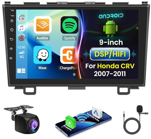 Hikity trådlös carplay bilradio android13 för Honda CRV 2007 2008 2009 2010 2011 9 tums skärm 2 Din Radio Stereospelare med GPS Bluetooth Android Auto WIFI FM RDS MIC Bakre kamera