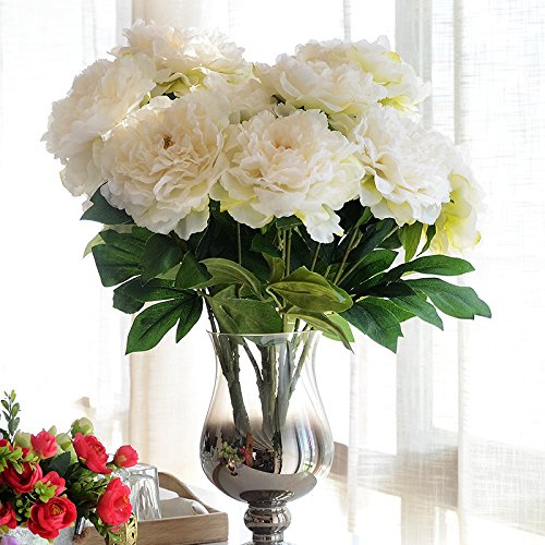 Peonie artificiali, fiori di seta, bouquet di peonie finte bianche, 5 pezzi, decorazioni floreali, tavolo da matrimonio, centrotavola in plastica finta per decorazione vaso (bianco)