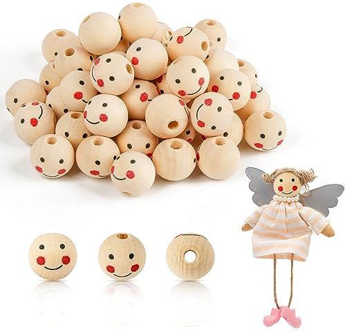 packra Holzperlen mit Gesicht 50 Stück, 18mm Holzperle Lächeln Gesicht Engel, Holzperlen Rund Holzkugeln mit Loch Natur für DIY Schmuck zubehör Decor