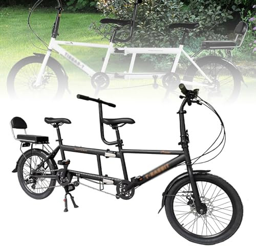 Tandemcykel, City Tandem-cyklar, 20-tums hopfällbar Beach Cruiser-cykel, Tresitsig, 7-växlad justerbar, Storlek 210x35x110cm/110x35x62cm, Maxbelastning 200kg black