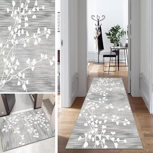 Mogetal Grau Läufer Teppich Lang Vintage Flur Läufer rutschfest Waschbar 40x60cm Modern Blattmuster Dauerhaft Läuferteppich TeppichLäufer Küchen Korridor Polyester Anpassbar Meterware