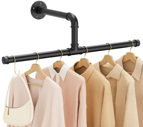 Yawinhe Perchero de Pared para Colgar Ropa, 51cm, Colgante de Prendas de Metal Retro Desmontable, Barras de Suspensión Industrial, para Sala de Estar, Cocina, 1-Pack, Negro